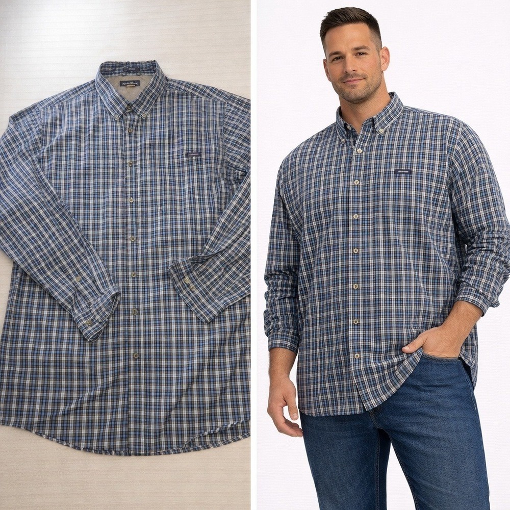 Eddie Bauer Mens TXL Classic Fit Plaid Button Down Shirt Blue Brown Mesh Lined